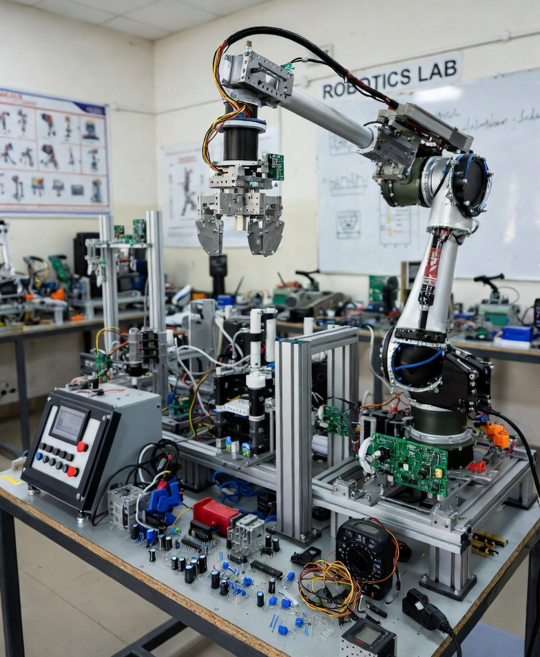 Modern Robotics Lab Setup with Workstations and Robots